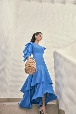 Vestido Longo Manga Longa com Babados