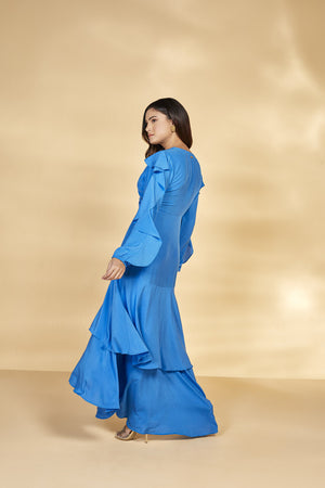 Vestido Longo Manga Longa com Babados