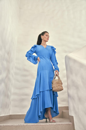 Vestido Longo Manga Longa com Babados