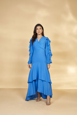 Vestido Longo Manga Longa com Babados