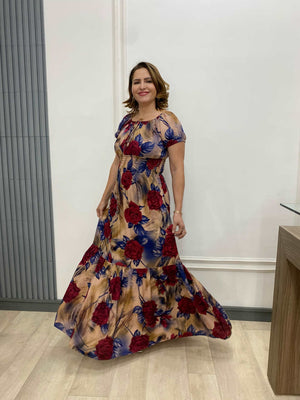 Vestido Ciganinha Longo com Lastex na Cintura