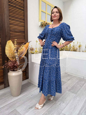 Vestido Midi Martina Liso em Viscose Casual Romântico