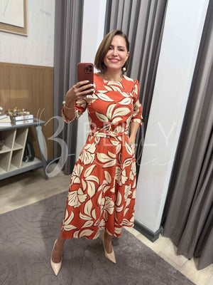 Vestido Midi Keyla Estampado em Poliéster Casual e Festa