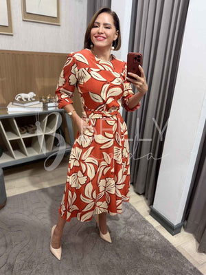 Vestido Midi Keyla Estampado em Poliéster Casual e Festa