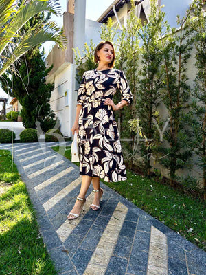 Vestido Midi Keyla Estampado em Poliéster Casual e Festa
