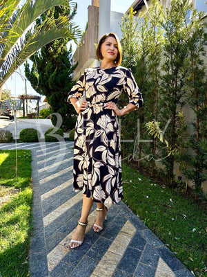 Vestido Midi Keyla Estampado em Poliéster Casual e Festa