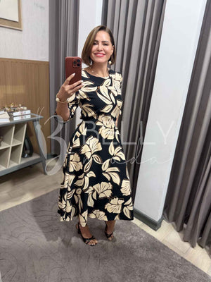 Vestido Midi Keyla Estampado em Poliéster Casual e Festa