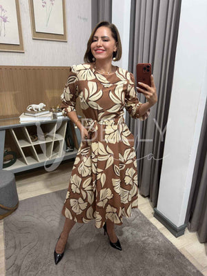 Vestido Midi Keyla Estampado em Poliéster Casual e Festa