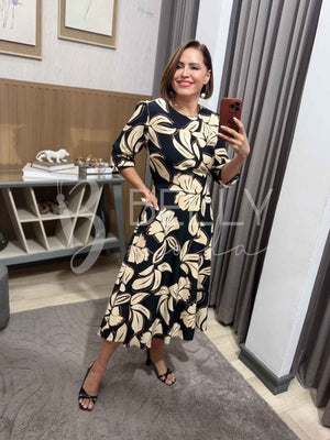 Vestido Midi Keyla Estampado em Poliéster Casual e Festa