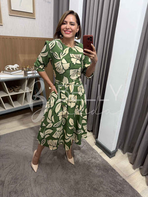 Vestido Midi Keyla Estampado em Poliéster Casual e Festa