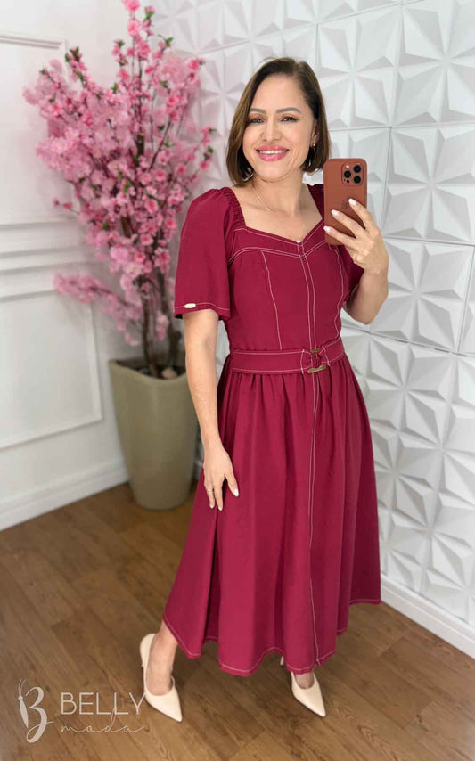Vestido Midi Simony Liso em Tecido Marrante Casual Elegante