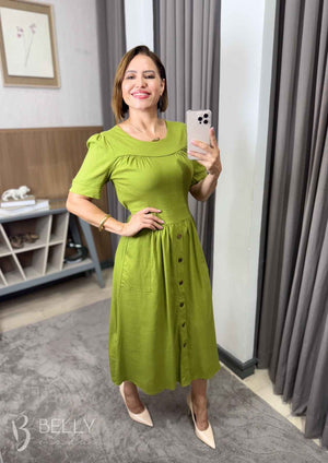Vestido Midi Soraya Liso em Linho com Viscose Elegante
